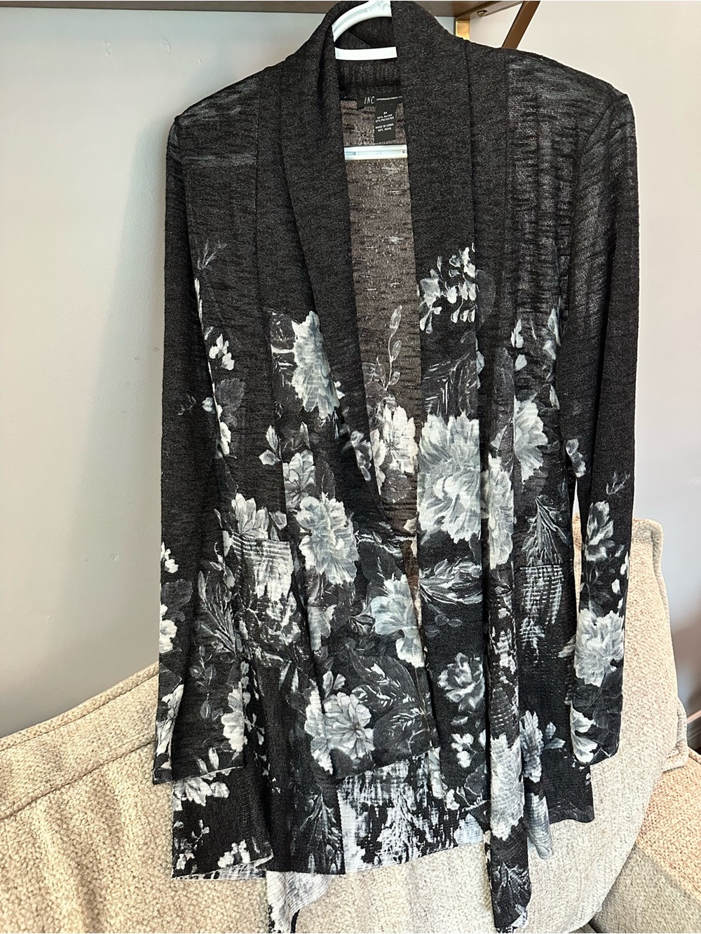INC International Concepts Black Floral Patterned Sheer Cardigan